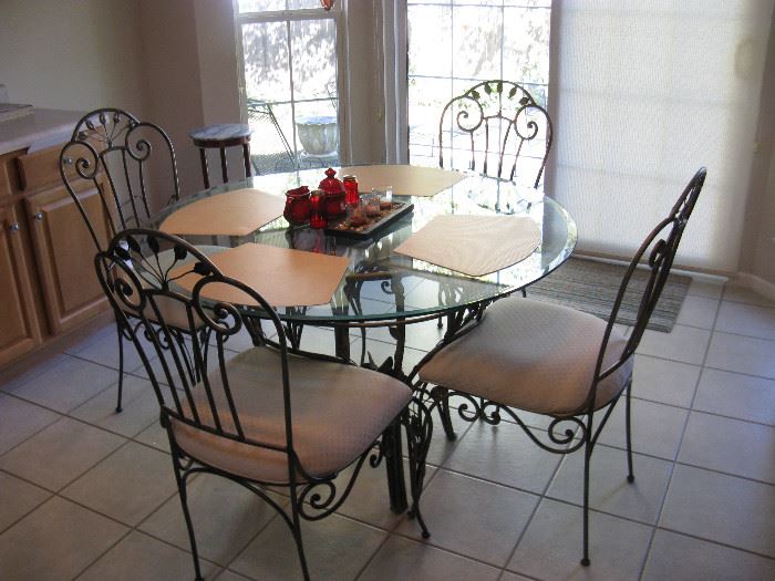 Glass Top DR Table with 4 Wrought Iron Upholstered Chairs