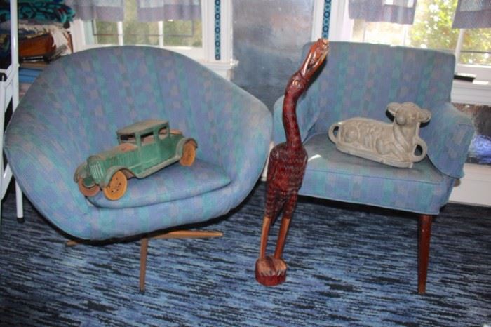 Pair of Upholstered Chairs.  Different in Style but Matching in Upholstery, Vintage Car and Animal Statuary