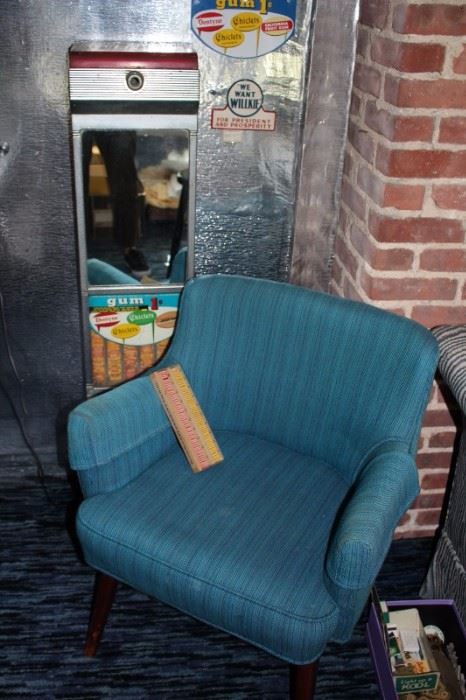 Blue Upholstered Side Chair and Vintage Gum Machine