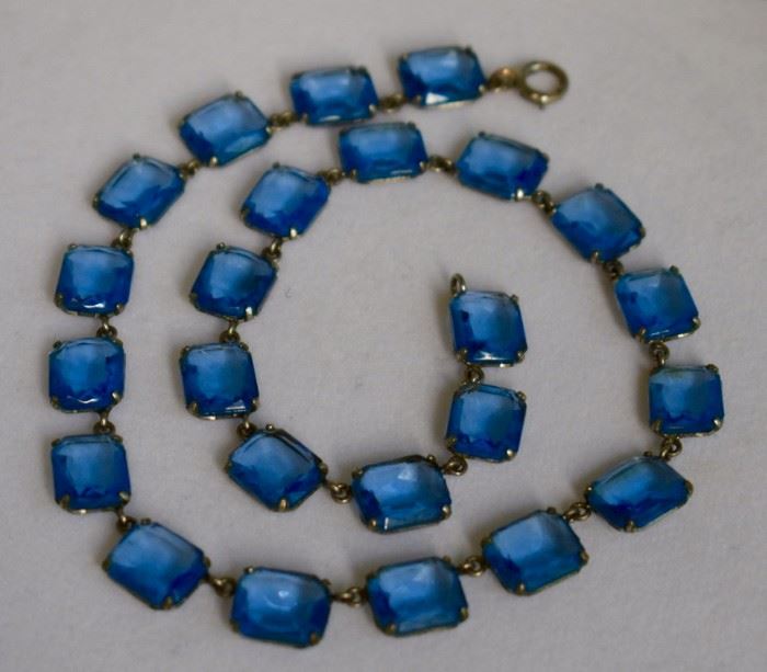 Art Deco Saphire Colored Multifaceted Glass Beads set in Sterling.  Purchase now at: www.manorbornestatesales.com