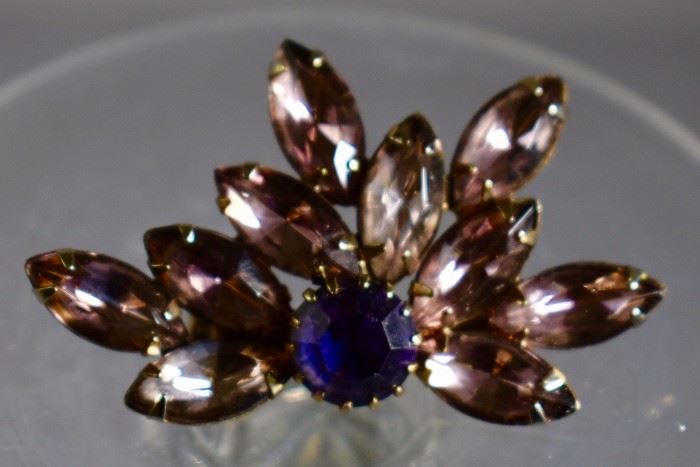 Lavender and sapphire blue rhinestone brooch. Purchase now at: www.manorbornestatesales.com