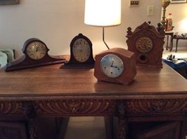 Mantel Cloaks : Gilbert gingerbread mantel clock , Ansonia Napoleon mantel clock , Enfield Art deco oak clock and key ,Waltham 1920s walnut Mantel Clock