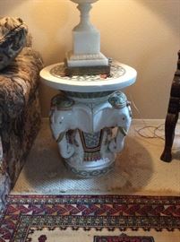 2 Brightly Painted Ceramic Indian elephant side tables