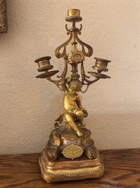 Victorian French Ormulu Mantel Clock Bronze Cherbs Cloisonné Dial face with cloisonné band&nbsp; also with cherubs with matching&nbsp;candelabra