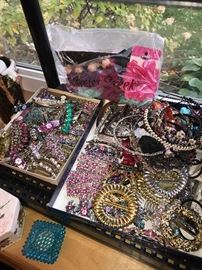 TONS OF COSTUME JEWELRY-RINGS, CLIP EARRINGS, BRACELETS, NECKLACES, BROOCHES, HAIR ACCESSORIES
