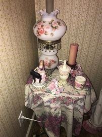 SIDE TABLE WITH VINTAGE LAMP AND DECOR'