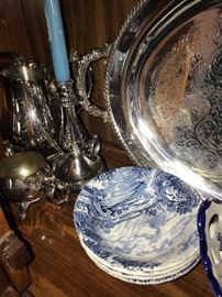 SILVER-PLATED TEAPOTS, CANDLE HOLDERS AND PLATTERS