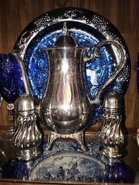 SILVER-PLATED TEAPOTS, CANDLE HOLDERS AND PLATTERS