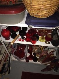 RED GLASS VASES, CANDLE HOLDERS, CUPS AND MORE
