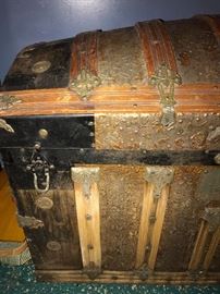 ANTIQUE VICTORIAN CIRCA 1800S KAUFMANN & STRAUSS METAL AND WOOD TRUNK CHEST