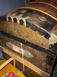 ANTIQUE VICTORIAN CIRCA 1800S KAUFMANN & STRAUSS METAL AND WOOD TRUNK CHEST