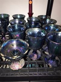 HARVEST GRAPE INDIANA BLUE CARNIVAL GLASSES, PITCHER, CANDLE HOLDERS, LARGE BOWL AND FOOTED BOWL