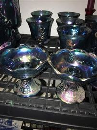HARVEST GRAPE INDIANA BLUE CARNIVAL GLASSES, PITCHER, CANDLE HOLDERS, LARGE BOWL AND FOOTED BOWL