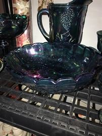 HARVEST GRAPE INDIANA BLUE CARNIVAL GLASSES, PITCHER, CANDLE HOLDERS, LARGE BOWL AND FOOTED BOWL