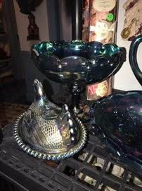 HARVEST GRAPE INDIANA BLUE CARNIVAL GLASSES, PITCHER, CANDLE HOLDERS, LARGE BOWL AND FOOTED BOWL