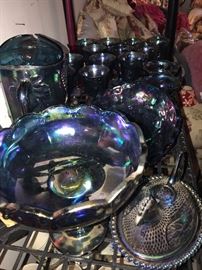 HARVEST GRAPE INDIANA BLUE CARNIVAL GLASSES, PITCHER, CANDLE HOLDERS, LARGE BOWL AND FOOTED BOWL