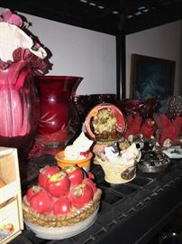 FENTON VASE, CANDLE JAR TOPS, AVON VASES AND CANDLE HOLDERS