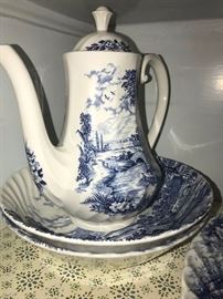 STAFFORDSHIRE BLUE BROOK HAND-ENGRAVED CHINA SET