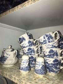STAFFORDSHIRE BLUE BROOK HAND-ENGRAVED CHINA SET