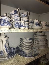 STAFFORDSHIRE BLUE BROOK HAND-ENGRAVED CHINA SET