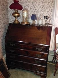 Slant Front Desk, Lamp,  Anniversary Clock, Candle Sconces