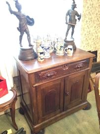 Antique Washstand, Steins, Metal Warrior Statues