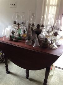 Oil Lamps, Drop Leaf Table w/ 2 Leaves