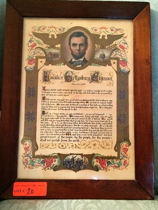 Framed lithograph of Gettysburg Address
LOT 20