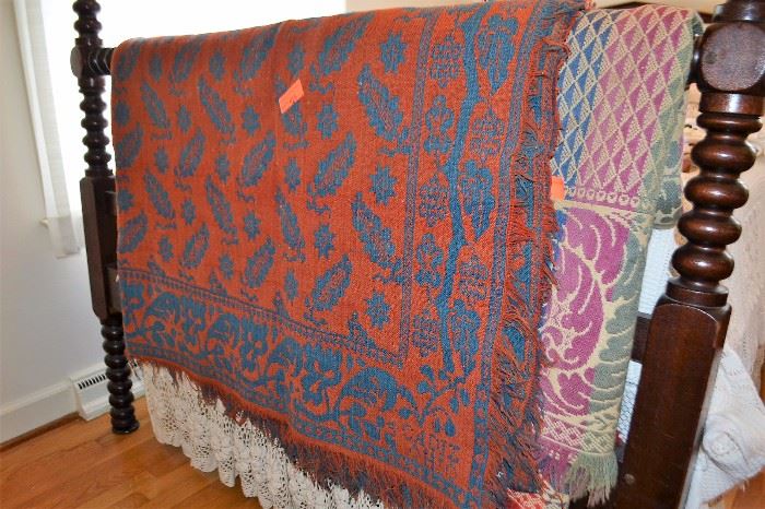 Wool woven coverlet signed Cadiz, Ohio in rust and blue tone, preview for size
LOT 423