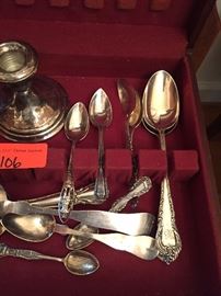 Mixed assorted Sterling spoons, some coin silver and horn handled cutlery set and pair of weighted candlesticks
LOT 106