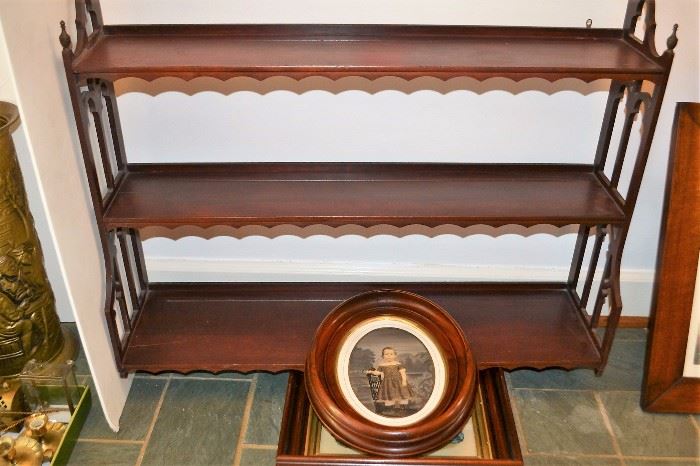 Lot includes delicate Gothic style shelf with plate grooves, also two walnut framed prints; 32”w x 26”h x 8.5”d
LOT 54