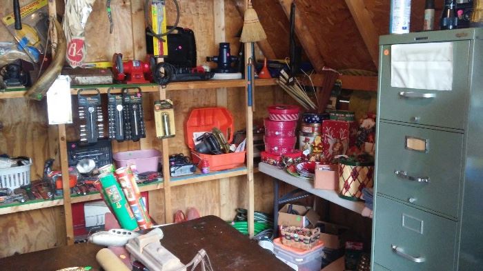 shed items, Christmas, filing cabinet, tins, etc...