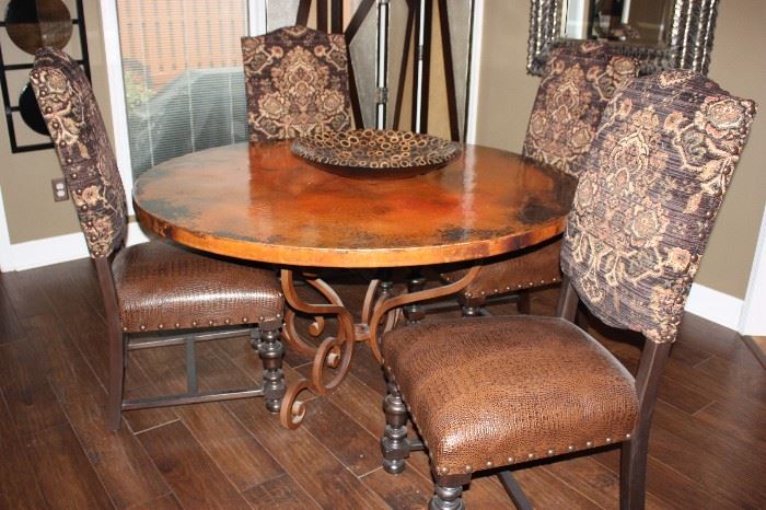 Hammered copper dining table (60"), with 4 chairs  (Seville Home)