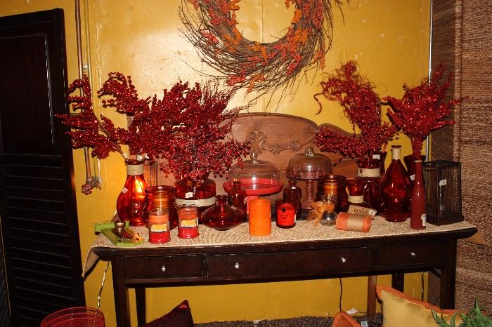 The orange area!  Desk, headboard, candles, decor, stems, wreath