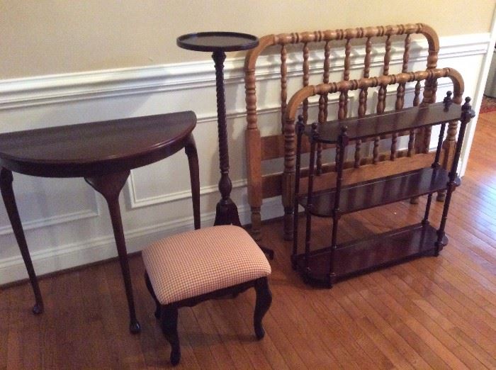 Side table, footstool, Jenny Lind single bed, wall-hanging shelf unit, plant stand