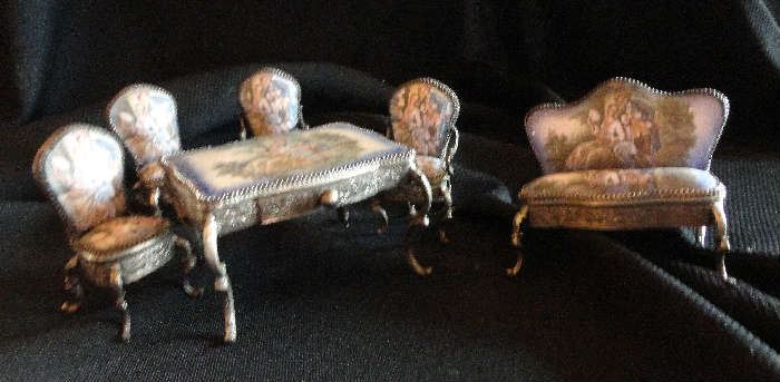 Miniature doll house size furniture - four chairs, small table with drawer and settee.