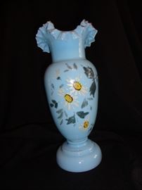 Antique - Robin Egg blue glass hand painted ruffled vase.