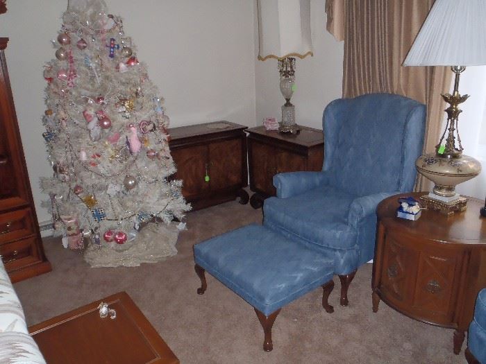 QUEEN ANNE CHAIRS, END TABLES, ASIAN CABINETS, WHITE CHRISTMAS TREE, VINTAGE LAMPS