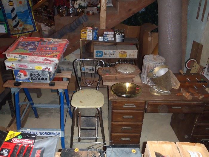 DESK,ROCK TUMBLER, STEP STOOL, CANNING JARS AND SUPPLIES