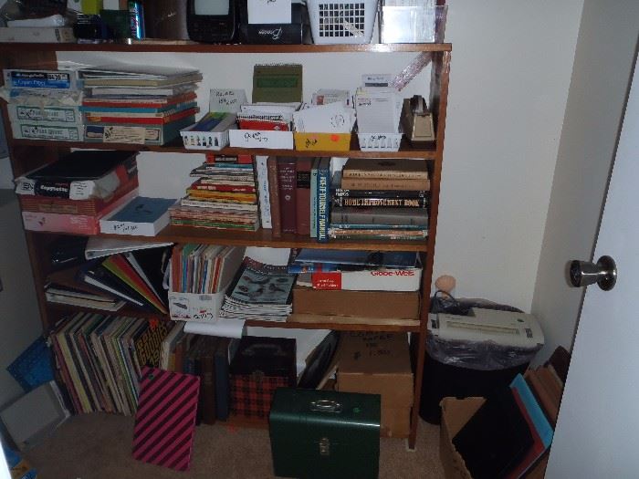OFFICE SUPPLIES AND BOOK SHELF, RECORDS, CD'S, SHREDDER