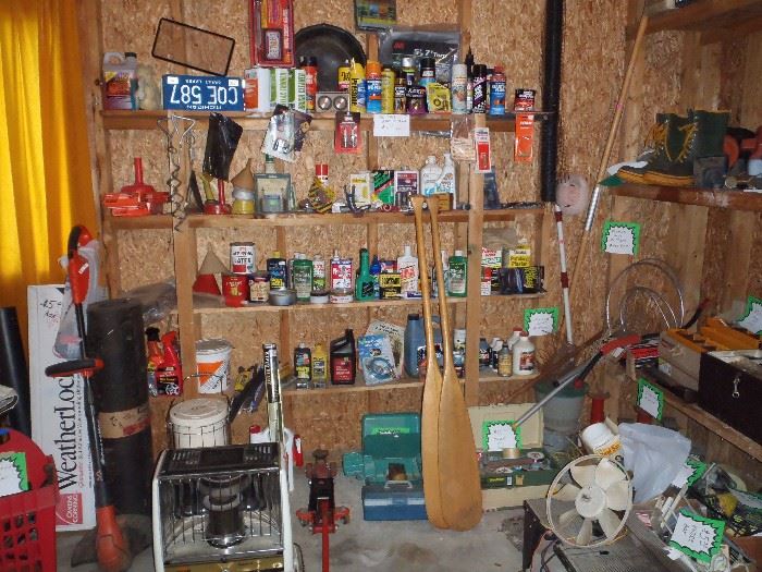 garage chemicals , wooden oars, heaters, roofing, camp stoves