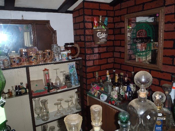 bar ware, vintage beer sign, collector bottles