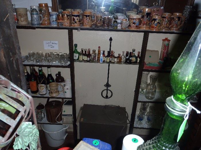mugs, shot glasses vintage decanters, bottles