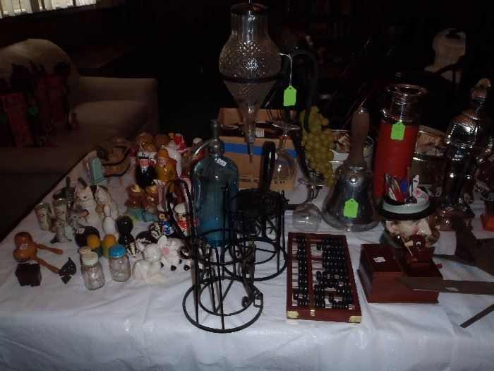 vintage salt and pepper collection, rare liquor decanters, bar supplies