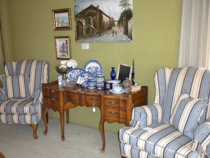 FRENCH INSPIRED DESK ...ETHEN ALLEN WING BACK CHAIRS ......VINTAGE BLUE WILLOW TRANSFER WARE