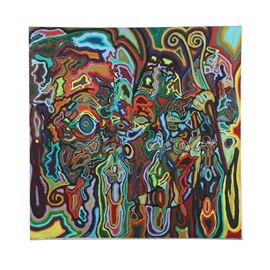 Clintel Steed Oil Painting on Canvas "Ode to Afro's and Goldtea's": An oil painting on canvas titled Ode to Afro’s and Goldtea’s by listed contemporary artist Clintel Steed (New York, b. 1977), created in 1995. This work features heavily abstracted faces, packed with concentric linear outlines in vivid neon and phosphorescent colors. An abyss of writhing organic shapes fills the composition; psychedelic rainbow hues glow and smoothly gradate into one another. The work is signed, dated, and titled to the verso. The composition remains unframed.