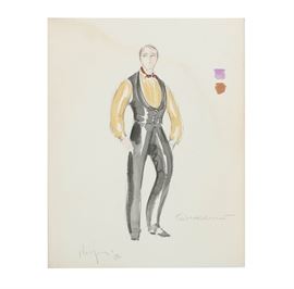 Watercolor Painting on Paper Male Milonga Dancer: A watercolor painting on paper of a male milonga dancer, created in 1982. This work features a full-body three-quarter study of a male milonga dancer wearing a milonga suit with a vest and yellow shirt. The work is dated and illegibly signed in graphite to the lower left; additional illegible handwriting is present to the lower right. It is presented in a protective plastic sleeve and remains unframed.