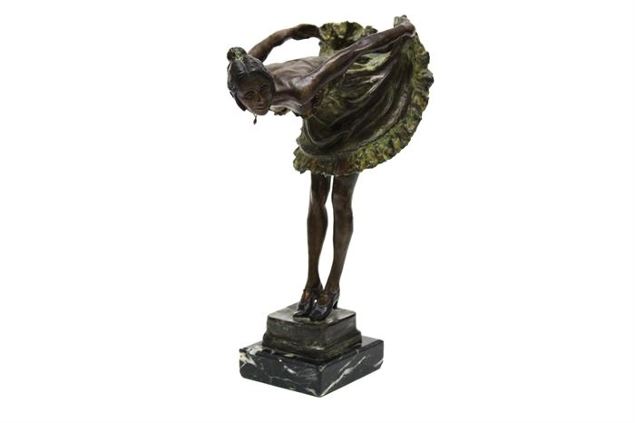 S.L. Heikka Signed Cast Bronze Sculpture of Dancer: A bronze sculpture depicting a dance hall entertainer signed S.L Heikka. Wearing a low-cut dress and high heels, this dancer is bent at the waist and lifting her skirt to reveal ruffled bloomers. She is raised on an attached base that is incised what appears to read “S. L. Heikka ’75” and numbered 2/25.