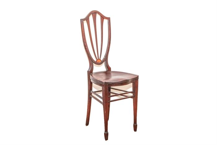 Antique Hepplewhite-Style Side Chair: An antique Hepplewhite-style mahogany side chair having a shield backrest with shell marquetry detail and a shaped seat rising on tapered legs over spade feet. Square box stretchers add stability to this delicate chair. It appears unmarked by the manufacturer.