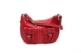 Prada Red Pebbled Leather Hobo Handbag: A Prada red pebbled leather hobo handbag. This handbag is accented with white stitching throughout and features two pockets to the exterior with buckle closures, and buckled strap and ring with silver tone hardware. The bag has a zipper top, and the interior has signature lining with a zippered pocket with Prada enameled metal signature label. Made in Italy.